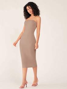 SHEIN BASICS Vestido casual ceñido sin tirantes para cena - Caqui - Ver 4
