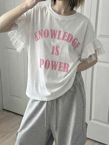 FRIFUL Damen Rundhals-Ärmellos Loose T-Shirt mit Bunt Buchstaben Muster, Mesh Einsatz und Rüschen Saum Grafik Tees für Frauen - Weiss - Übersicht 3