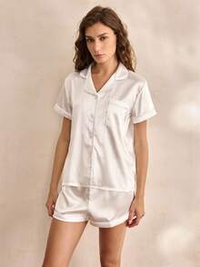 Charlaine 缎面翻领1件上衣和1件短裤睡衣套装白色套装 - 白色 - 查看 4