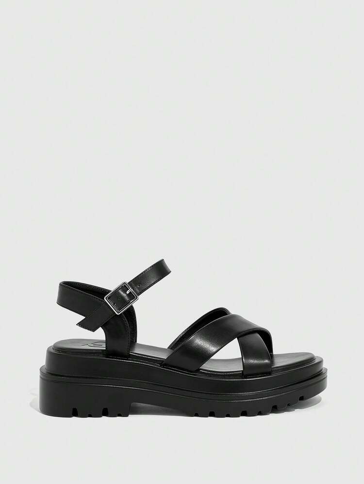 Woman Shoes Cross Strap Ankle Strap Punk Black Versatile Wedge Sandals For Spring And Summer Vacation Shoes Summer Christmas Fall New Year Holiday