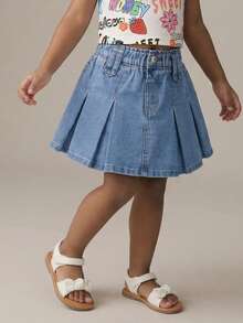 SHEIN Young Girl Fold Pleated Denim Skirt,Spring Summer Boho Cute - Medium Wash - View 1