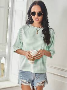 SHEIN Raffinéa Raglan Sleeve Striped Print Tee Graphic Tees Women Tops - Green - View 5