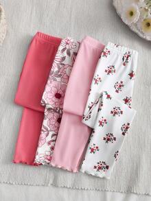 Souflis Souflis 4pcs/Set Girls' Ditsy Floral Sweet & Cute Versatile Apricot & Muted Tone Ribbed Knit Rib Leggings, Spring/Summer - Multicolor - View 3