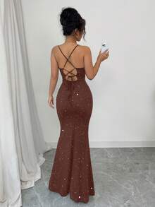 Selianne Đầm dự tiệc lấp lánh, thiết kế buộc dây, dành cho nữ. - Cà phê - Xem 2