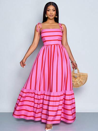 SOLERSUN Vestido maxi de estilo fluido con rayas, con tirantes y detalles de recogido en el pecho, adecuado para vacaciones, playa, ir al trabajo y uso casual, elegante vestido (floral aleatorio)