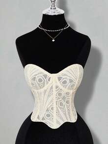 SHEIN ICON Women's Sexy Goth Lace Asymmetric Hem Fashionable Strapless Cropped Sexy Top,Summer,Summer Top - Apricot - View 1