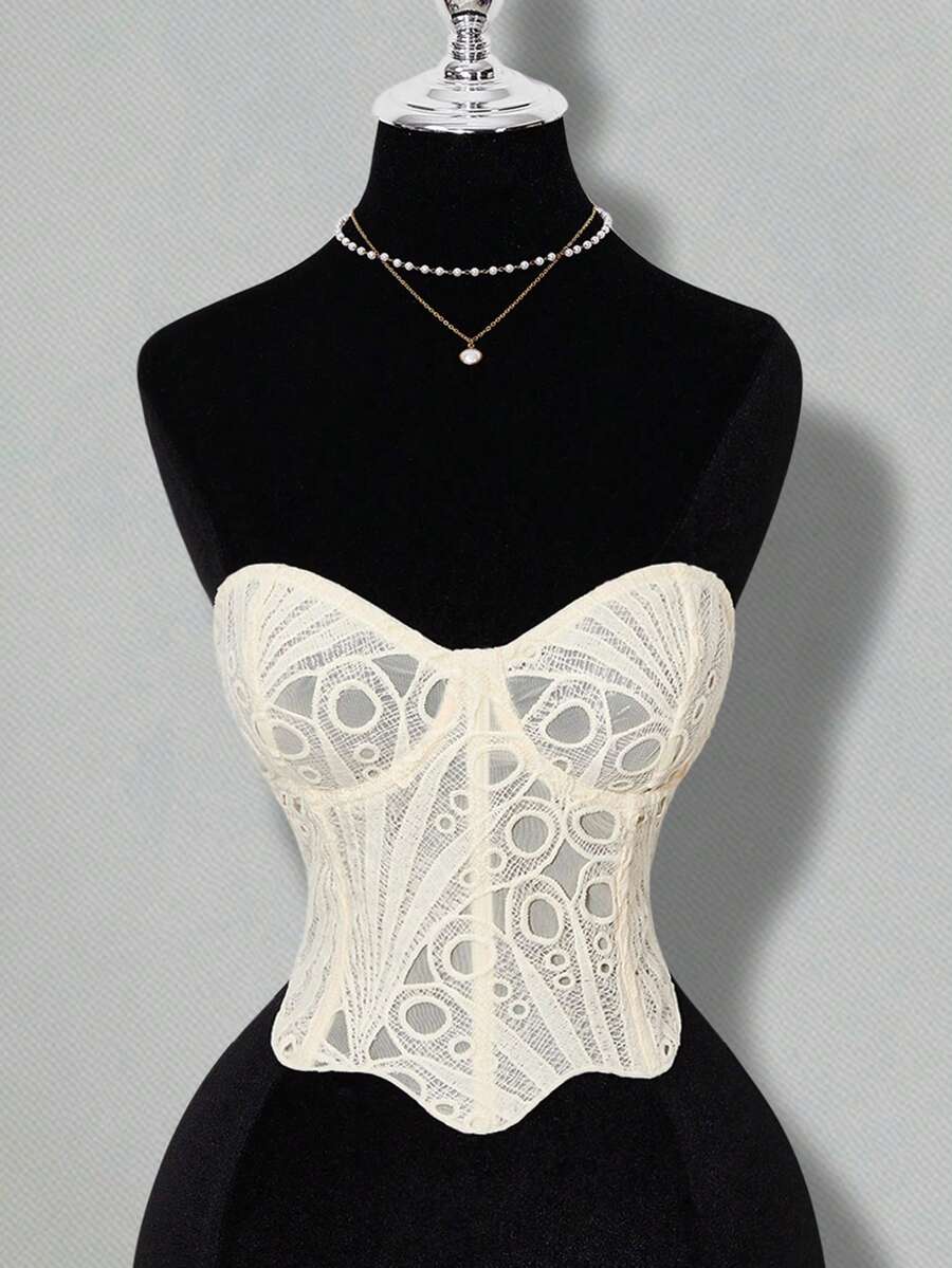 SHEIN ICON Women's Sexy Goth Lace Asymmetric Hem Fashionable Strapless Cropped Sexy Top,Summer,Summer Top - Apricot - View 1