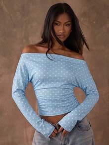 SHEIN BAE 女士波点印花不对称肩长袖时尚T恤 - 淺藍色 - 查看 3