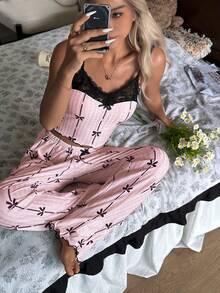 CottageSlumber Cartoon Bow Print Contrast Lace Design Comfortable Camisole & Pants Women Pajama Set - Pink - View 4