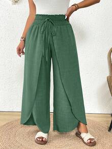SHEIN Frenchy Plus Size Women Drawstring Waist Split Design Casual Versatile Daily Wear Pants - Green - View 3
