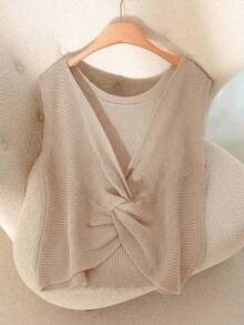 CosyJoli Plus Size Casual Twist Knot Sleeveless Knit Tank Top - Khaki - View 4