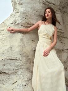 MOTF PREMIUM WOMEN'S LINEN STRIPE PRINT ASYMMETRIC NECK HOLLOW OUT WAIST FLARED DRESS, SPRING/SUMMER - Light Yellow - View 6