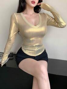 DAZY 闪亮金色V领长袖T恤，女士款，适合婚礼、派对、音乐节等场合，修身剪裁，春夏款。 - 黑色 - 查看 10
