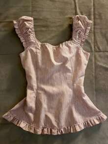 Glimmora Áo kiểu nữ ôm dáng, viền bèo nhún, kẻ sọc, cài cúc. - Đỏ và trắng - Xem 2