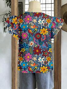 EMERY ROSE 大码女式休闲、优雅、复古、度假风、热带花卉图案、圆领、双层、短袖宽松衬衫；女式夏季服装；女装。 - 彩色 - 查看 5