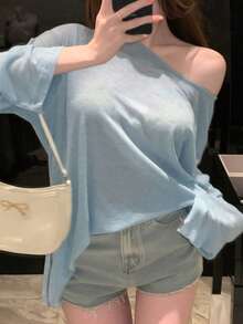 DAZY 女款純色性感斜肩休閒百搭日常穿著長袖T恤，大尺寸泳裝罩衫，淺藍色，秋季居家休閒 - 藍色 - 查看 8