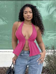 Alexandranx Summer Front Slit, Backless, Knotted Halterneck Black Top Magic Mike - Hot Pink - View 6