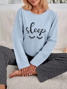 EURMUSE Bộ đồ ngủ 2 món bằng 100% cotton in hình mắt và trái tim - Màu xanh nhạt - View 3