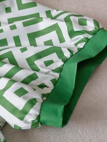 Linhara 大码女式度假泡泡袖V领休闲印花衬衫，春夏波西米亚风复古上衣 - 綠色 - 查看 7