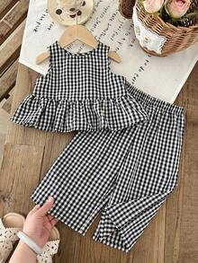 SHEIN LMoss Kids 女婴格子蝴蝶结装饰荷叶边上衣和裤子休闲套装 - 黑與白 - 查看 2