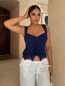 Maria Perezxox 女式褶皱前开合身性感网眼拼接盖袖露背休闲度假短款背心 - 藏蓝色 - 查看 4