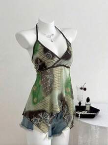 Elamini Áo kiểu nữ màu xanh lá cây phong cách Bohemian, vạt áo bất đối xứng, cổ yếm, thích hợp cho kỳ nghỉ, đi biển, du lịch, thư giãn và lễ hội. - Nhiều màu - Xem 3