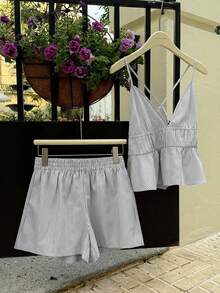 Women's Casual Blue Knitted Camisole And Shorts Set, Brand - 淺灰色 - 查看 6