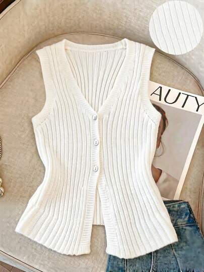 Resyla Women's All-Match Minimalist Fashion Versatile Light Yellow V-Neck Elegant Lady Commuting Slim Fit Vest