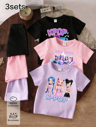 Conjunto de 6 piezas de camiseta de manga corta y pantalones cortos con estampado de gráficos de letras y estrellas de un grupo virtual de chicas minimalista y colorido, adecuado para primavera, verano y otoño, en colores morado, rosa y negro, cómodo para uso diario, estilos veraniegos acogedores