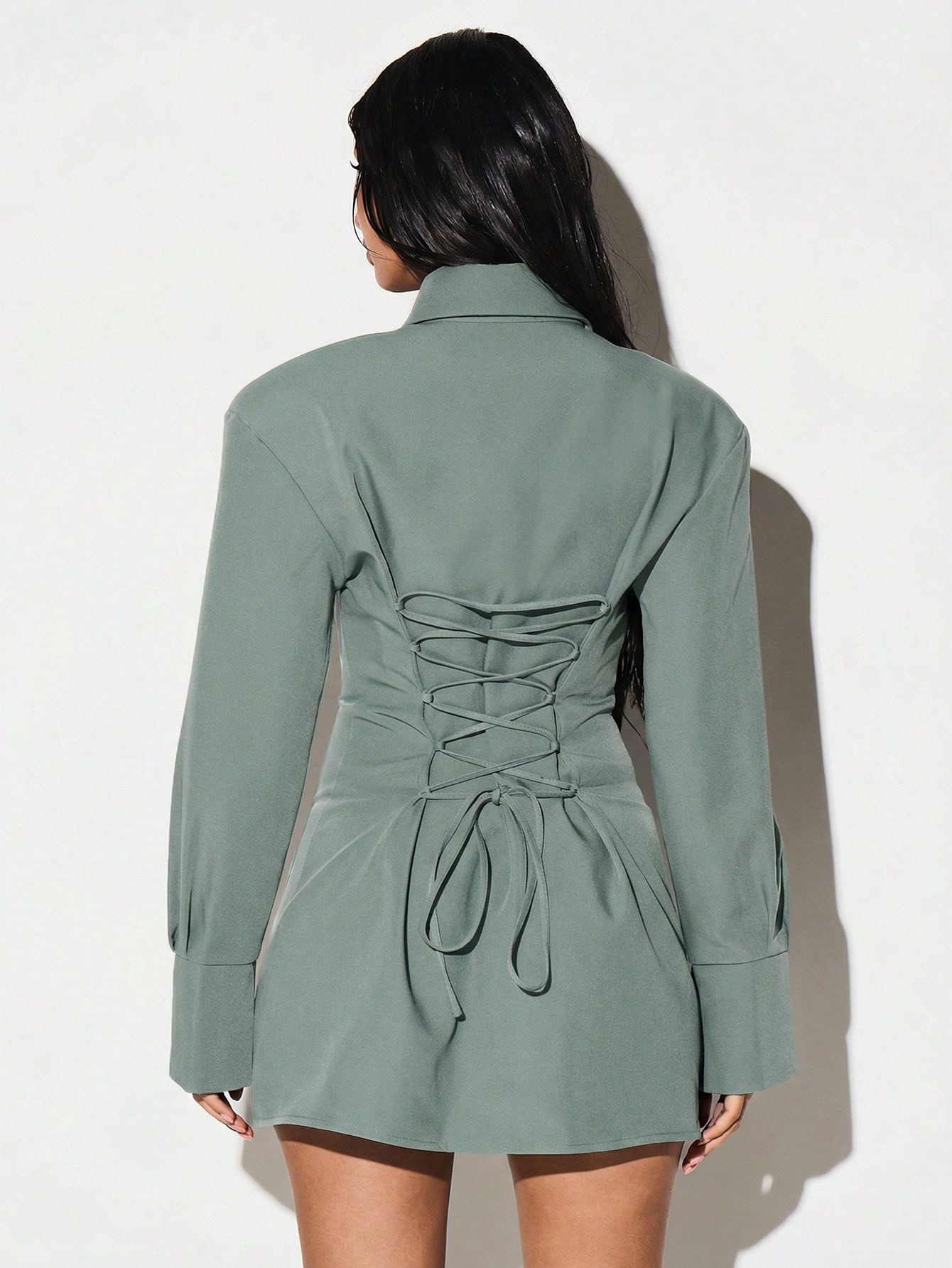 KIZN Shoulder Pad Lace Up Back Shirt Dress With Tie