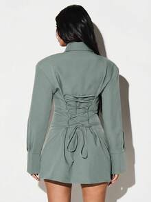 KIZN Robe chemise mini avec épaulettes, laçage dans le dos, détail de nœud, manches longues, col, style décontracté d'affaires pour l'automne et l'hiver - Vert - Voir 2