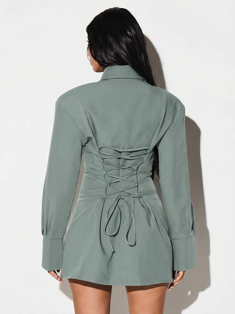KIZN Shoulder Pad Lace Up Back Shirt Dress With Tie