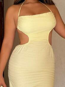 Maria Perezxox 度假吊带领镂空腰部高开叉露背系带中长连衣裙，蓝色，适合度假、音乐节、波西米亚风、节日约会、下午茶 - 芥末黃 - 查看 3