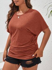 SHEIN Frenchy Plus Size Solid Color Round Neck Short Sleeve Casual Loose Breathable Summer T-Shirt - Orange - View 6