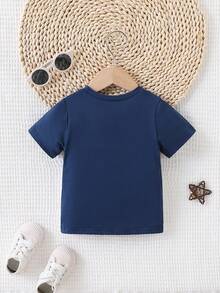 SHEIN Playful Pals 中性新生兒嬰幼兒針織短袖上衣 多色拼接圖案 嬰兒夏季服裝 白色 夏季休閒城市度假運動風 - 藏蓝色 - 查看 2