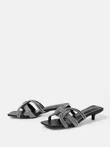 CUCCOO HITCHD Black Rhinestone French Square Head Kitten Heel Temperament Banquet Ladies High Heel Sandals - Black - View 3