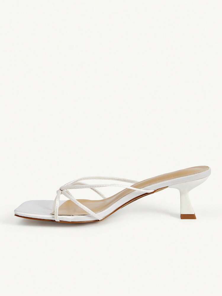 CUCCOO CHICEST White Satin Padded Feet, High Heels, Square Toe, Thin Straps, And Sandals.