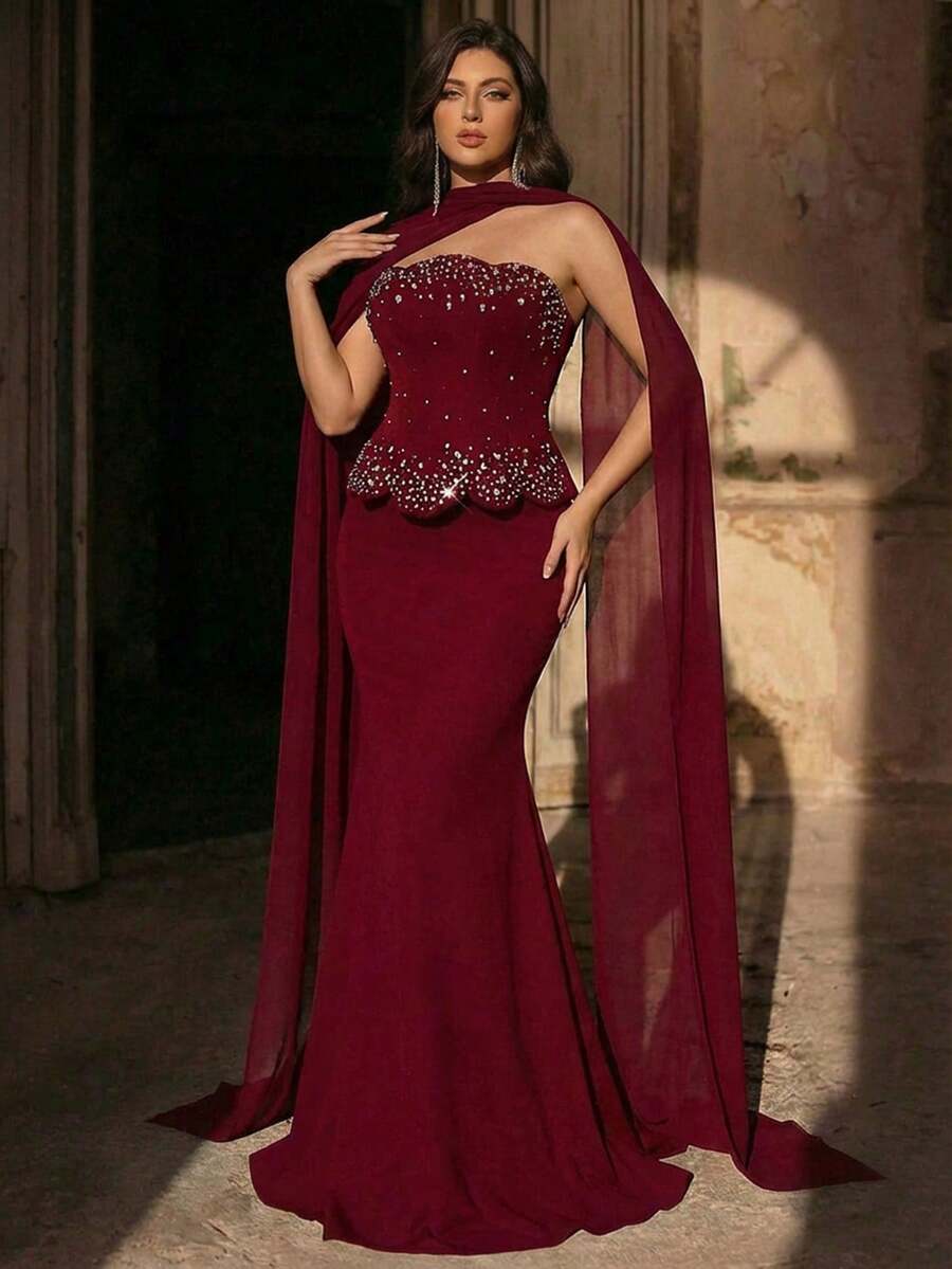 Aureia Plus Size Elegant Romantic Dark Red Open Shoulder Asymmetric Neckline Luxury Faux Pearl & Rhinestone Decor Mermaid Hem With Train Dress, Suitable For Wedding, Party, Celebration, Formal Event, Gala (Intricate Design)