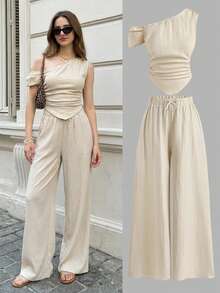 SHEIN Girlism Conjunto bohemio de verano para niñas adolescentes, conjunto de color albaricoque con hombros descubiertos, traje minimalista, casual, de vacaciones, elegante - Albaricoque - Ver 1