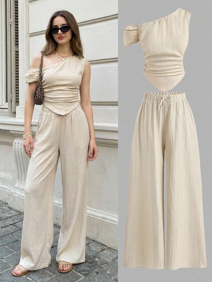 SHEIN Girlism Conjunto bohemio de verano para niñas adolescentes, conjunto de color albaricoque con hombros descubiertos, traje minimalista, casual, de vacaciones, elegante - Albaricoque - Ver 1