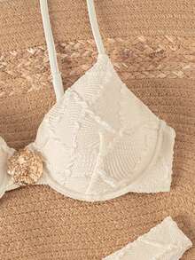 Swim Mod Bonvoyette White 2-Piece Swimwear,Cute Summer Textured Gold Circle Underwire Bra&High Cut Bikini Bottoms, Women's Pool Party Holiday Beachwear - Apricot - View 2