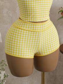 Swim Mod Bộ bikini 2 mảnh in họa tiết kẻ caro ngẫu nhiên dành cho nữ, áo hai dây và quần short, thích hợp cho mùa hè đi biển. - Màu vàng - Xem 6