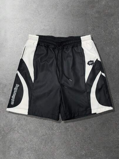ROMWE MEN Quần short nam dệt kim mùa hè, phối màu tương phản, cạp chun co giãn, có dây rút.