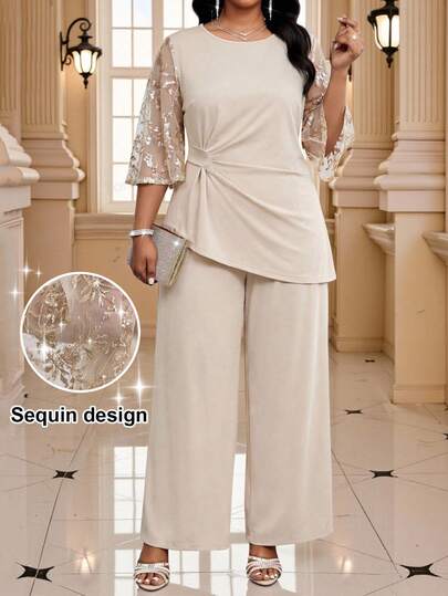 Fleurora Spring And Summer Elegant Modest Party Wedding Cocktail Party Concert/Music Festival Khaki Gold Woven Sequins Scoop Neck Bell Sleeve Contrast Sequin Long Three Quarter Length Sleeve Plus Size Co-Ords Summer Outfits Summer Outfit For Women Spring Clothing Festival Outfits For Women Party Outfit Weddings & Events Graduation Outfit For Mother Going Out Outfits Birthday Outfits For Women Elegant Women's Se Luxury Women's Two-Piece Set Plus Size Elegant Party Sequin Embroidery Mesh Patchwork Top And Pants 2 Pieces Set Elegant 2 Piece Set Women Women Pant Suit Set Beige Two Piece Set Plus Size Pants Set Mother Of The Bride Pant Suit Blouse And Pants Set Formal For Women Ladies Two Piece Outfits Suits Formal Pants Suits For Woman Elegant Latest Outfit For Women Women Outfits Sets  Women Suit Sets Pants Suits For Woman Elegant Wedding Women Elegant Outfits