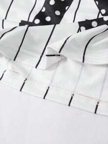 SHEIN 2件套女童波点条纹字母单肩优雅短袖上衣搭配层叠荷叶边半裙套装，适合派对、外出、日常穿着。女童套装，女童波点半裙，佐伊套装，女童棒球服，女童服装，青少年女童服装。 - 彩色 - 查看 3