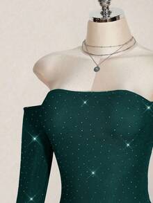 SHEIN ICON Women's Rhinestone Decor Long Sleeve Bodysuit - Dark Green - View 3