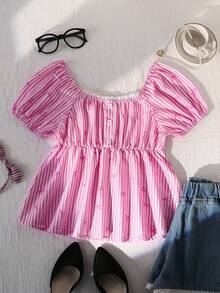 SHEIN 少女粉色条纹蝴蝶结白色蕾丝度假衬衫 - 白色 - 查看 3