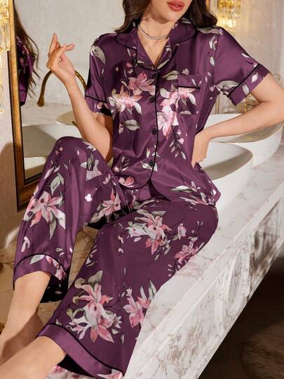 LuxeNights Floral Print Faux Silk Collar Short Sleeve Top & Pants Pajama Set