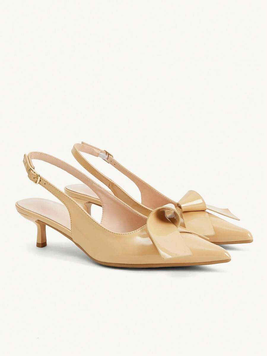 CUCCOO CHICEST Sapatos Femininos Bico Fino em Couro Envernizado Cáqui, Novo Estilo Suave e Elegante para Primavera e Verão, Uso em Chá da Tarde com Decoração de Origami, Sapatos de Salto Alto Agulha Slingback - Caqui - Visão 1