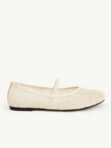 CUCCOO CHICEST Coffee Brown Mesh Flower Square Toe Word Belt Comfortable Soft Simple Commuter Women Flat Shoes - rice apricot - View 3